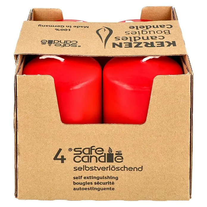 Stumpenkerzen-Set Safe Candle - 4 Stk., Ø x H: 6 x 10 cm, Rubin - Rote Kerzen in einer 4er-Packung "Safe Candle", selbstverlöschend, ideal für sichere und stimmungsvolle Beleuchtung.