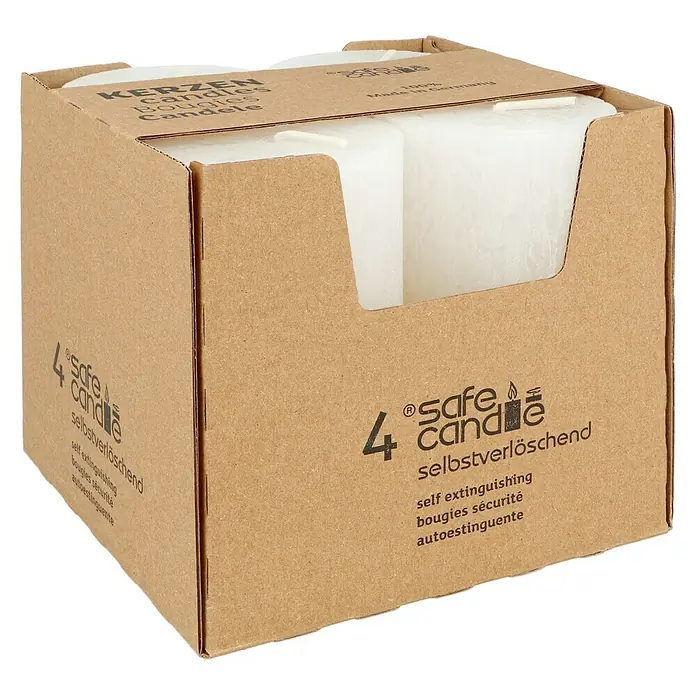 Stumpenkerzen-Set Rustic Safe Candle - 4 Stk., Ø x H: 6 x 11 cm, Wollweiß - Eine Packung von 4 Safe Candle Kerzen, selbstverlöschend und in Deutschland hergestellt.