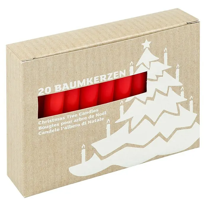 Baumkerzen-Set - 20 Stk., Ø x H: 1,3 x 10,5 cm, Rubin, Geeignet für: Christbäume - Karton mit 20 roten Baumkerzen, verziert mit einem weißen Weihnachtsbaum.