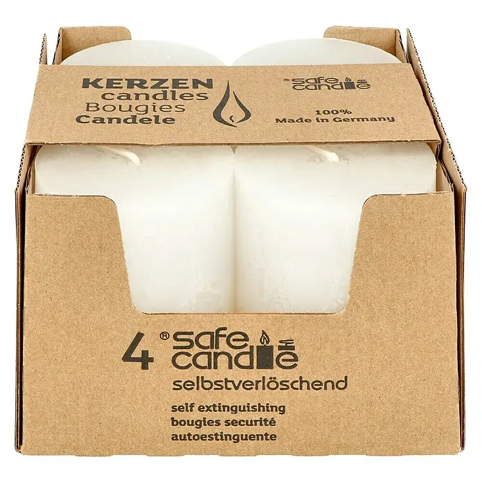 Stumpenkerzen-Set Rustic Safe Candle - 4 Stk., Ø x H: 6 x 8 cm, Wollweiß - Eine Packung mit vier Safe Candle Kerzen, selbstverlöschend und in Deutschland hergestellt.
