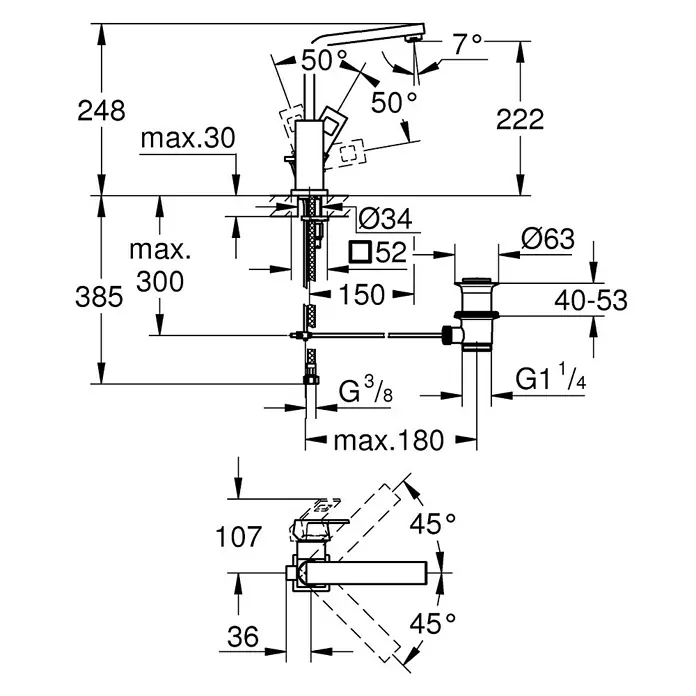 Grohe Eurocube Waschtischarmatur L-Size - Chrom, Glänzend - Technische Zeichnung einer Grohe Armatur mit Maßangaben für die Installation.