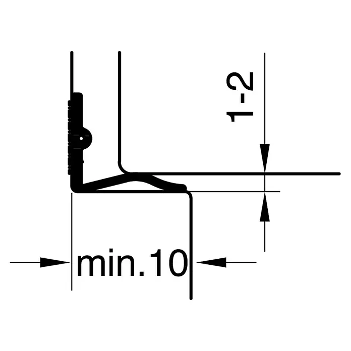 Primo Universaldichtung Densa 12 - Braun, 6 m, Passend für: Fenster, Türen, Möbel mit Spaltenbreite 1 – 2 mm - Technische Zeichnung eines Profils mit Maßangaben, die eine minimale Breite von 10 und eine Höhe von 1-2 zeigen.