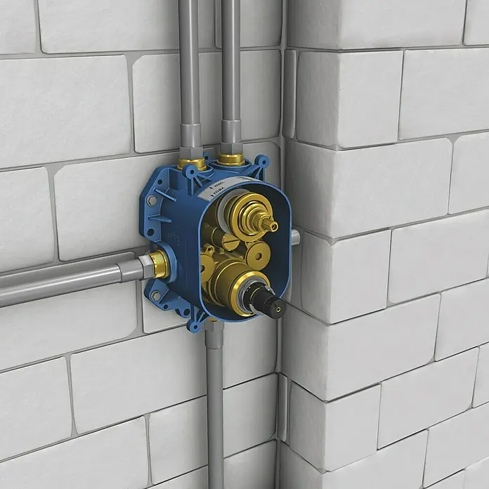 Grohe Unterputzsystem Rapido T - Einbautiefe: 70 mm - 95 mm, Blau - Nahaufnahme einer Unterputz-Thermostatarmatur mit blauer Box und goldenen Komponenten, installiert an einer weißen Ziegelwand.