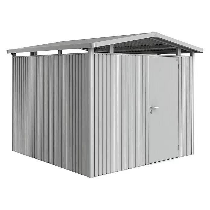 Biohort Panorama Gerätehaus Panorama P4 - Außenmaß inkl. Dachüberstand (B x T): 273 x 278 cm, Stahl, Silber Metallic, Einzeltür - Silbergrauer Metallschuppen mit vertikalen Paneelen, schrägem Dach und einer Tür mit Griff.