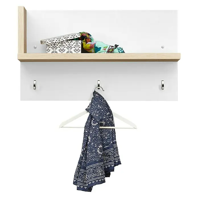 CS Schmal Garderobenpaneel My Ell - L x B x H: 22 x 86 x 50 cm, Weiß - Eine Wandgarderobe mit Ablage und Haken, darunter ein blaues Tuch auf einem weißen Kleiderbügel. Ideal für Flur oder Eingangsbereich.