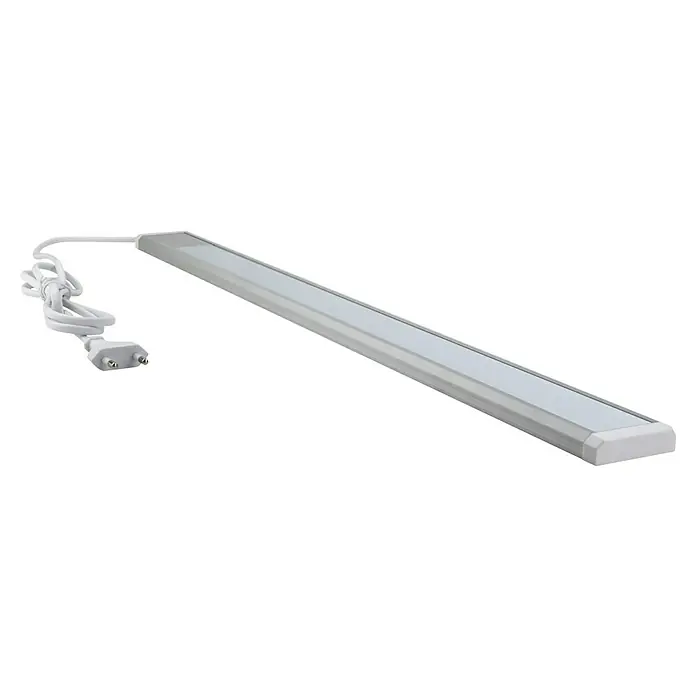 E2 elektro LED-Lichtleiste Fine - L x B x H: 60 x 5 x 1,3 cm, Lichtfarbe: Neutralweiß, 10 W, 220 V - 240 V - Nahaufnahme einer LED-Leuchte mit Stecker. Ideal für die Beleuchtung von Arbeitsbereichen oder als dekorative Lichtquelle im Haus.