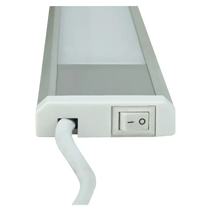 E2 elektro LED-Lichtleiste Flat - 10 W, L x B x H: 585 x 75 x 25 mm, Lichtfarbe: Neutralweiß, 1 Stk. - Nahaufnahme einer weißen LED-Unterbauleuchte mit Kabel und Schalter, ideal für Küchen oder Werkstätten.