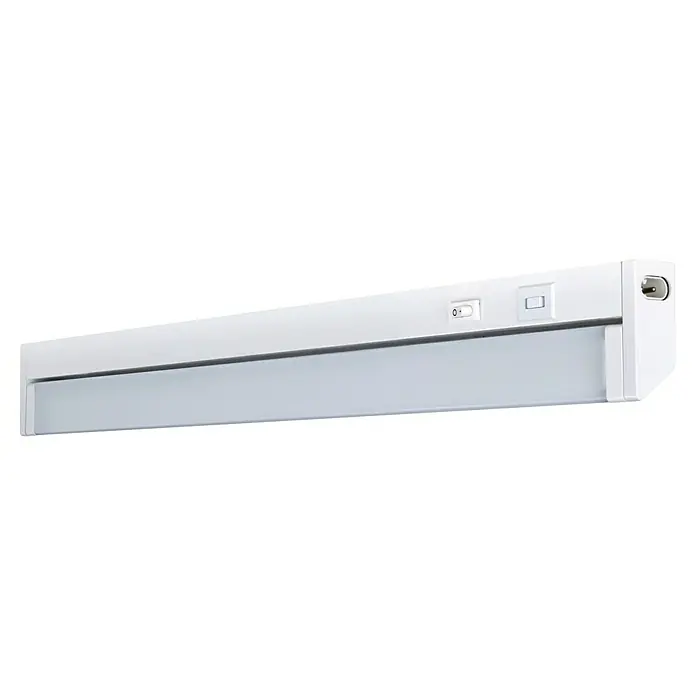 E2 elektro LED-Lichtleiste Swing - L x B x H: 55,6 x 2,4 x 6,1 cm, Lichtfarbe: Warmweiß, 8 W, 220 V - 240 V - Nahaufnahme einer weißen Unterschrankleuchte mit Schalter und Steckdose.