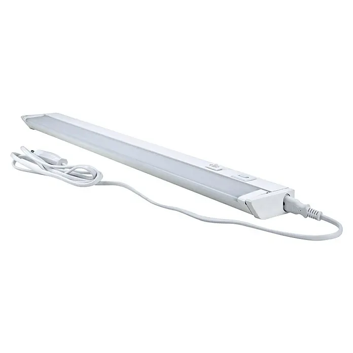 E2 elektro LED-Lichtleiste Swing - L x B x H: 55,6 x 2,4 x 6,1 cm, Lichtfarbe: Warmweiß, 8 W, 220 V - 240 V - Nahaufnahme einer weißen LED-Unterbauleuchte mit Schaltern und Kabel, ideal für die Küchenbeleuchtung und Arbeitsbereiche.