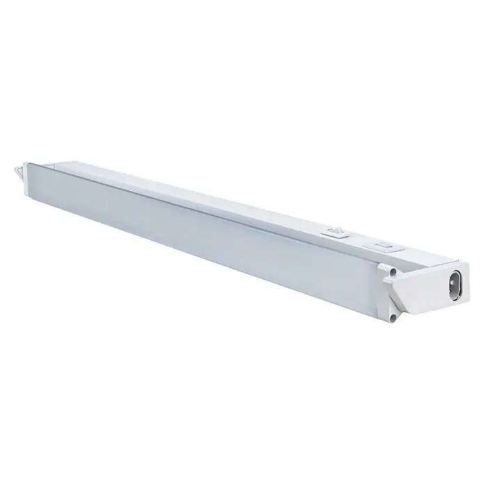 E2 elektro LED-Lichtleiste Swing - L x B x H: 55,6 x 2,4 x 6,1 cm, Lichtfarbe: Warmweiß, 8 W, 220 V - 240 V - Aufnahme eines weißen LED-Unterbaustrahlers mit Schalter und Steckdose, ideal für Küche oder Werkstatt.