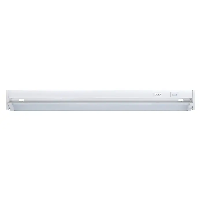 E2 elektro LED-Lichtleiste Swing - L x B x H: 55,6 x 2,4 x 6,1 cm, Lichtfarbe: Warmweiß, 8 W, 220 V - 240 V - Nahaufnahme einer weißen Unterbauleuchte mit Schaltern. Praktische Beleuchtung für Arbeitsflächen.