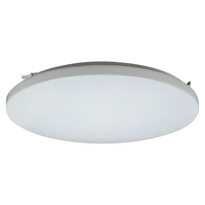 E2 elektro LED-Wand- & Deckenleuchte rund White R - 20 W, Ø x H: 33 x 5,7 cm, Warmweiß, IP54, Bewegungsmelder - Nahaufnahme einer runden, flachen Deckenleuchte mit einem einfachen, modernen Design in Weiß, ideal für jede Inneneinrichtung.