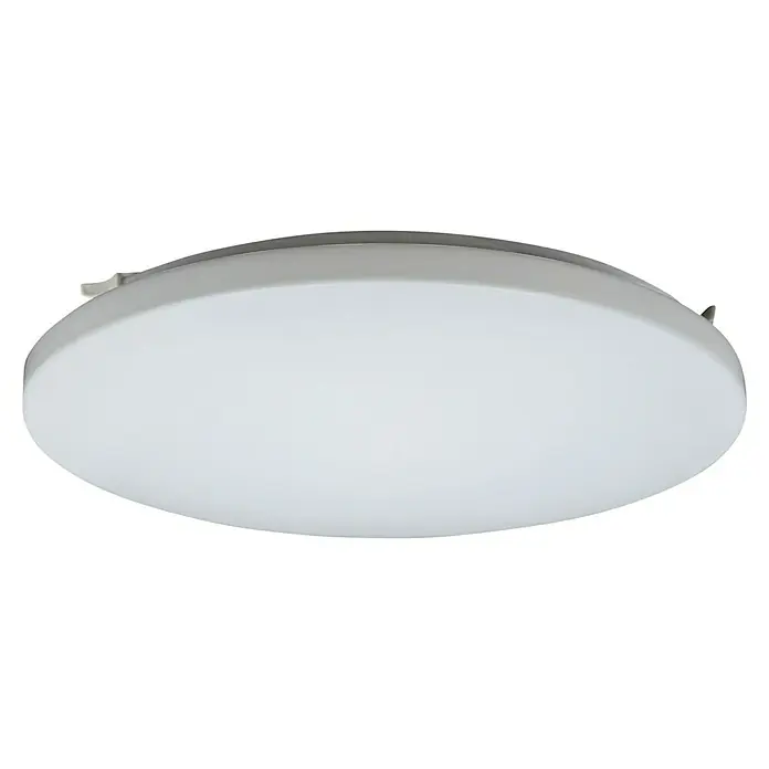 E2 elektro LED-Wand- & Deckenleuchte rund White R - 18 W, Ø x H: 33 x 6,2 cm, Warmweiß, IP54, Ohne Bewegungsmelder - Nahaufnahme einer weißen LED-Deckenleuchte mit runder Form, die ein helles, diffuses Licht ausstrahlt und eine moderne Ästhetik bietet.