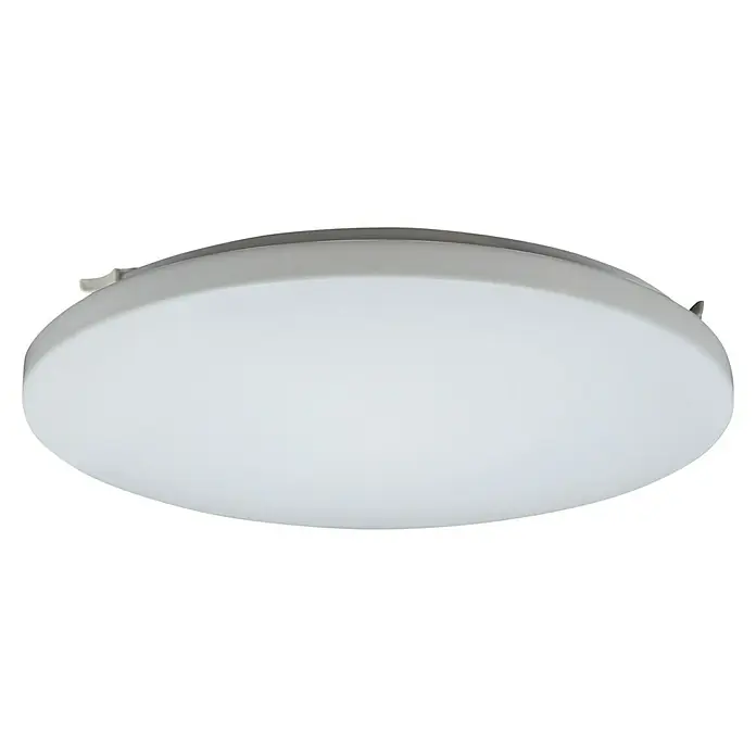 E2 elektro LED-Wand- & Deckenleuchte rund White R - 30 W, Ø x H: 38 x 6,2 cm, Weiß, Warmweiß - Nahaufnahme einer runden, weißen LED-Deckenleuchte mit einem schlichten, modernen Design auf einem dunklen Hintergrund.