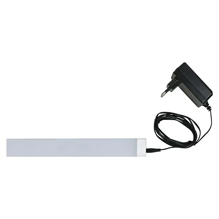 E2 elektro LED-Lichtleiste Plan - L x B x H: 90 x 3,2 x 1,4 cm, Lichtfarbe: Warmweiß, 15 W, 220 V - 240 V - Bild einer LED-Leuchte mit Netzteil. Kompaktes Design und effiziente Beleuchtung für vielseitige Einsatzmöglichkeiten, ideal für moderne Wohnräume.