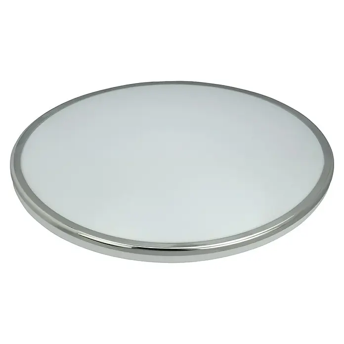 E2 elektro LED-Wand- & Deckenleuchte rund White Rite² - 18 W, Ø x H: 33 x 3,2 cm, Chrom, Weiß, Tageslichtweiß - Nahaufnahme einer runden Deckenleuchte mit Chromrand. Das Licht ist hell und gleichmäßig und sorgt für eine moderne Note.