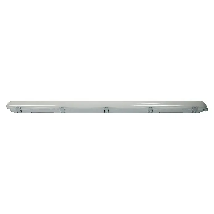 E2 elektro LED-Feuchtraumlichtleiste Multi - L x B x H: 120 x 7 x 7,3 cm, Lichtfarbe: Neutralweiß, 36 W, IP65 - Ein langes, weißes, rechteckiges Gehäuse mit mehreren Verschlüssen, das für den Schutz empfindlicher Geräte entwickelt wurde.