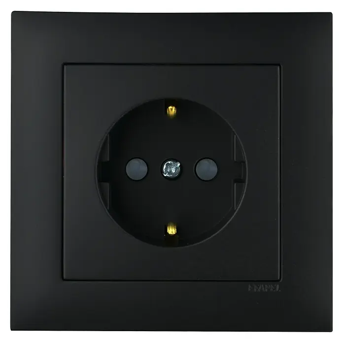 Steckdose Logus - 1-fach, Schwarz - Eine Nahaufnahme einer schwarzen Steckdose der Marke Hager, die sich durch ihr schlichtes Design und ihre hochwertige Verarbeitung auszeichnet.