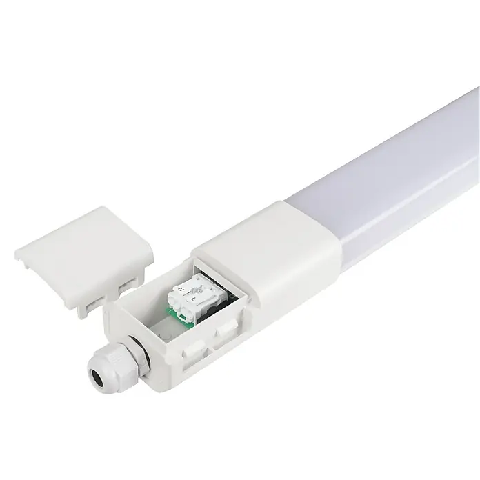 E2 elektro LED-Feuchtraumlichtleiste Plus3 - L x B x H: 110,3 x 5,2 x 4,1 cm, Lichtfarbe: Warmweiß, 36 W, IP65 - Nahaufnahme einer LED-Leuchte mit offenem Anschlusskasten, der interne Komponenten zeigt. Ideal für moderne Beleuchtungslösungen.