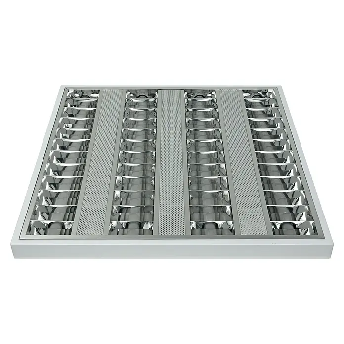E2 elektro LED-Deckenleuchte Nostal - 42 W, L x B x H: 62 x 62 x 4 cm, Weiß, Neutralweiß - Quadratische Rasterleuchte mit weißem Rahmen und silbernen Reflektoren für gleichmäßige Beleuchtung in Büros oder Gewerberäumen.