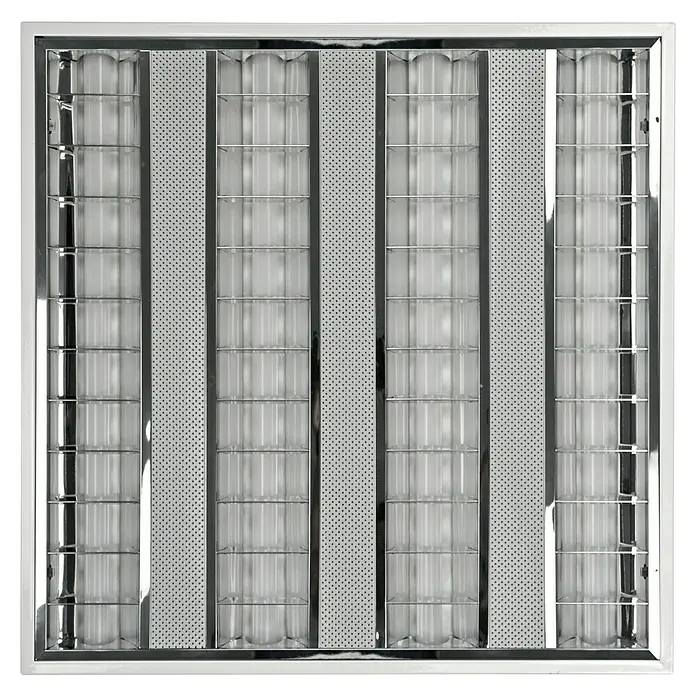 E2 elektro LED-Deckenleuchte Nostal - 42 W, L x B x H: 62 x 62 x 4 cm, Weiß, Neutralweiß - Deckenleuchte mit Chromrahmen und perforierten Paneelen, die ein helles, gleichmäßiges Licht im Raum verteilt.