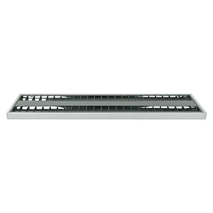 E2 elektro LED-Deckenleuchte Nostal - 42 W, L x B x H: 124,5 x 31,2 x 4 cm, Weiß, Neutralweiß - Eine graue Deckenleuchte mit einem rechteckigen Design und einem Gittermuster. Ideal für Büros oder gewerbliche Räume.