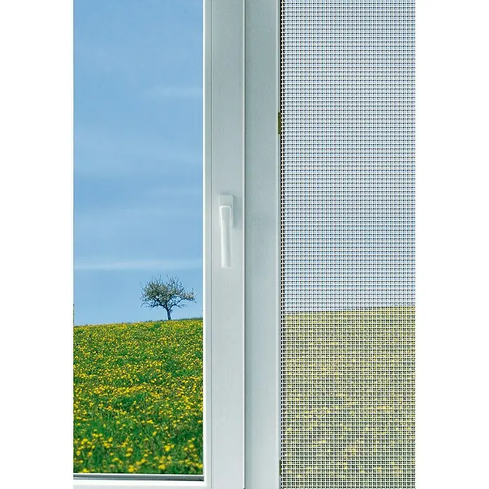 Schellenberg Insect Stop Mosquitera para ventana Maxi - An x Al: 150 x 300 cm, Inserción, Color red: Antracita, Color bastidor: Blanco - Primer plano de una ventana con mosquitera, que muestra una vista de un campo de flores y un cielo azul claro.