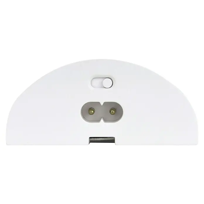 E2 elektro LED-Lichtleiste Systeme - 18 W, L x B x H: 60 x 7,7 x 3,5 cm, Warmweiß - Nahaufnahme der Unterseite eines weißen Roboterstaubsaugers, der seine Ladekontakte, einen Schalter und einen Sensor zeigt.
