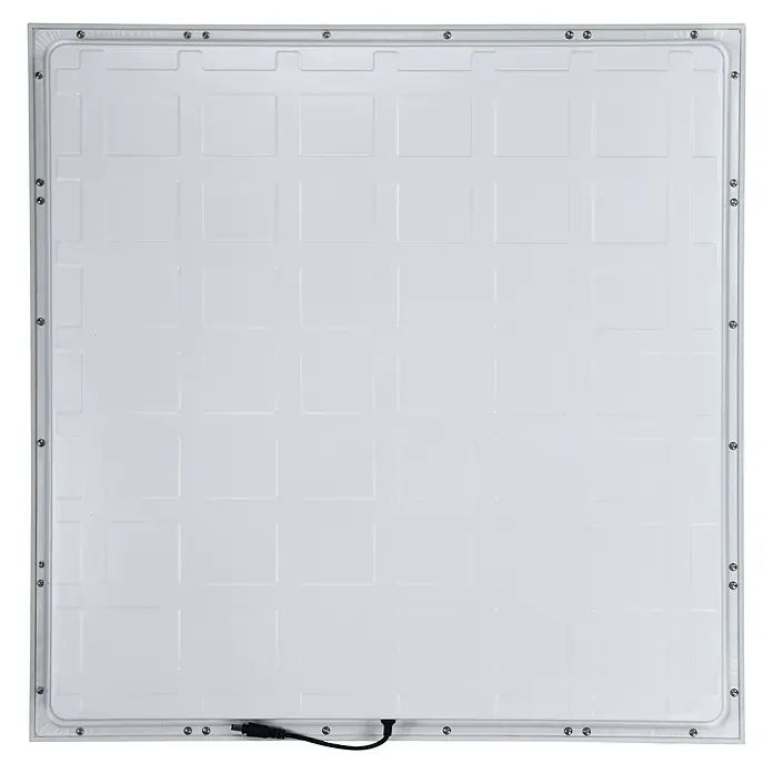 E2 elektro LED-Panel Square 625 Backlight - 40 W, L x B x H: 62 x 62 x 3,5 cm, Weiß, Warmweiß - Detailaufnahme einer quadratischen LED-Flächenleuchte mit sichtbaren Befestigungsschrauben und Netzanschlusskabel.