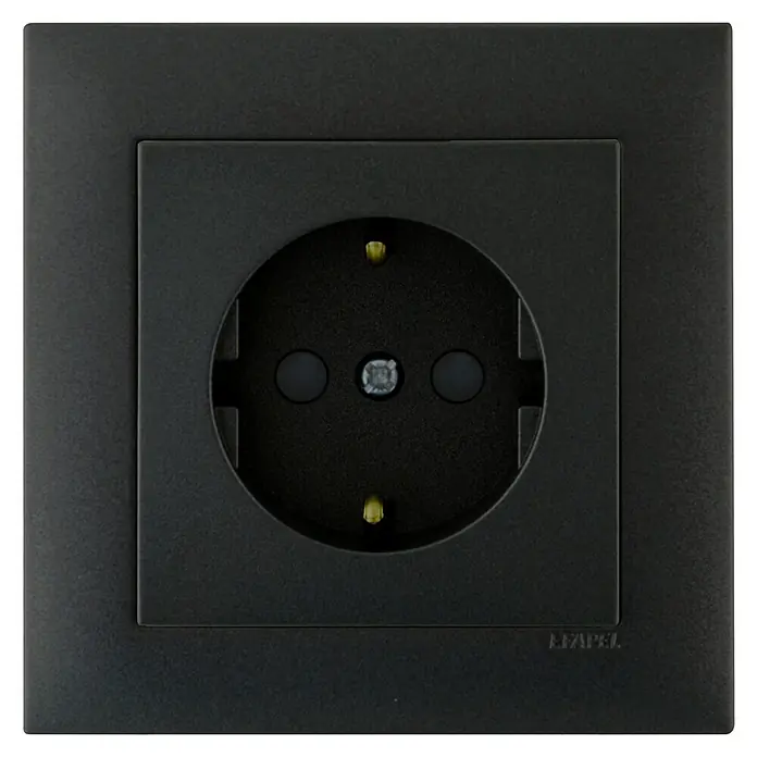 Steckdose Logus - 1-fach, Dunkelgrau - Eine schwarze Schuko-Steckdose mit quadratischer Blende, die sich ideal in moderne Interieurs einfügt und für eine stilvolle Stromversorgung sorgt.