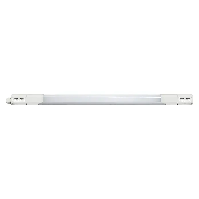 E2 elektro LED-Feuchtraumlichtleiste Plus - L x B x H: 59,5 x 5,2 x 4,1 cm, Lichtfarbe: Neutralweiß, 18 W, IP65 - Ein länglicher, schlanker LED-Leuchtstoffröhrenersatz in neutralem Weißton, ideal für Büros und Gewerberäume, bietet energiesparende Beleuchtung.
