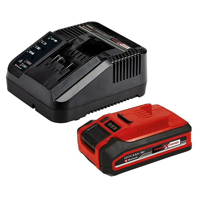 Einhell Motosierra de batería Fortexxa 18/20 TH - 18 V, 3 Ah, Iones de litio, 1 batería, Longitud de la cuchilla: 20 cm - La imagen muestra un cargador Einhell Power X-Change y una batería de 18V 3.0Ah. Ambos productos forman parte del sistema de batería Einhell.