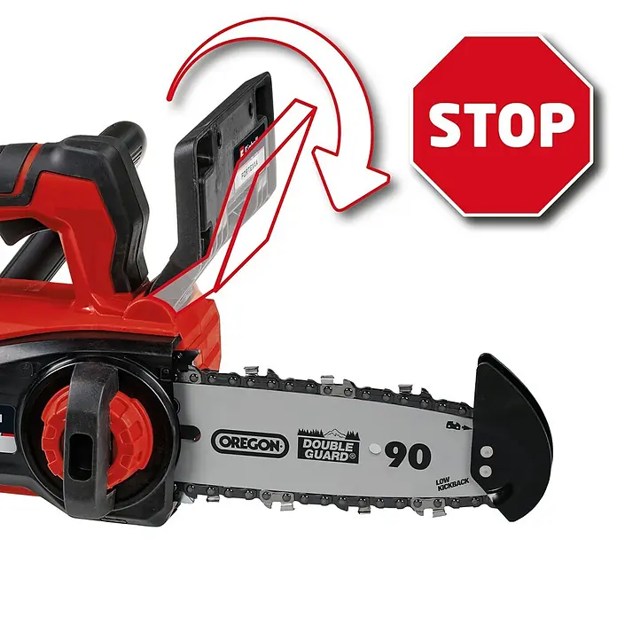 Einhell Motosierra de batería Fortexxa 18/20 TH - 18 V, 3 Ah, Iones de litio, 1 batería, Longitud de la cuchilla: 20 cm - Imagen de una motosierra inalámbrica Einhell con hoja Oregon y medidas de seguridad para un mantenimiento seguro de los árboles.