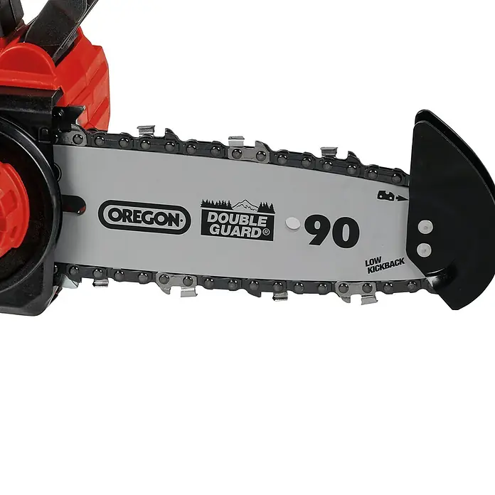 Einhell Motosierra de batería Fortexxa 18/20 TH - 18 V, 3 Ah, Iones de litio, 1 batería, Longitud de la cuchilla: 20 cm - Primer plano de una motosierra con especificación "Oregon Double Guard 90 Low Kickback", destacando sus características de seguridad.