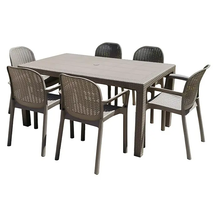 Mesa de jardín Bernedo - L x An x Al: 150 x 90 x 72 cm, Tecnopolímero/Fibra de vidrio, Taupe - Mesa de jardín con seis sillas.