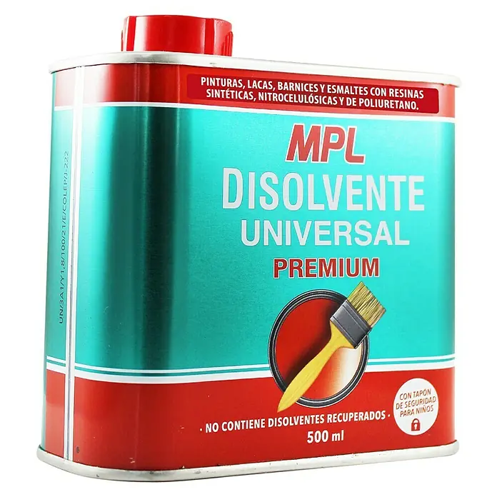 MPL Disolvente líquido Universal Premium - 500 ml - Bote de disolvente universal MPL Premium para pinturas, lacas y barnices con resinas sintéticas, nitrocelulósicas y de poliuretano, 500 ml.