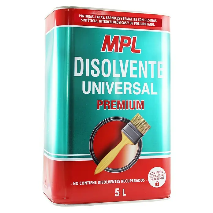 MPL Disolvente líquido Universal Premium - 5 l - Bote de disolvente universal premium MPL, apto para pinturas, lacas, barnices y esmaltes con resinas sintéticas, nitrocelulosa y poliuretano.