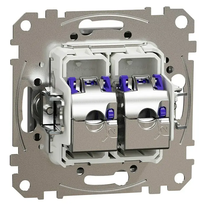Schneider Electric Sedna Design & Elements Toma de red RJ45 STP - Aluminio, x 2, Plástico, Instalar - Primer plano de un puerto doble para conexiones de red, ideal para oficinas modernas y aplicaciones domésticas.