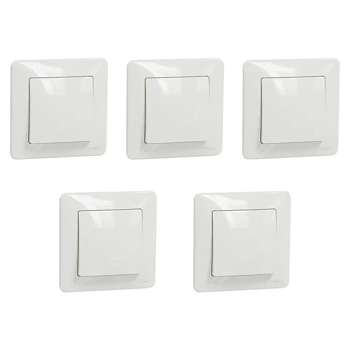 Schneider Electric Sedna Design & Elements Conmutador Pack x 5 - Blanco, Brillante, Montaje en superficie, 10 A - Cinco interruptores blancos de Schneider Electric en una disposición de 3x2, que ofrecen un diseño limpio y moderno para cualquier interior.