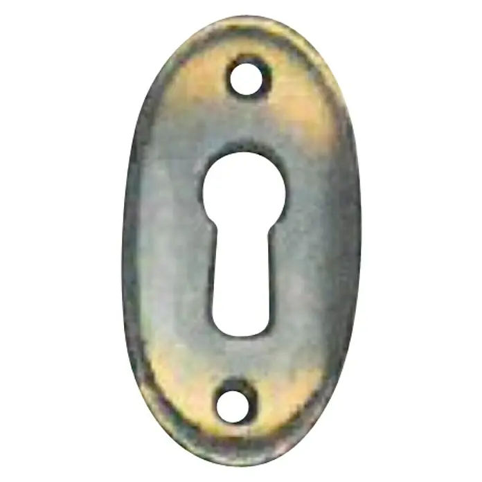 Stabilit Escudo para cerraduras - Marrón, Ovalada - Primer plano de una cubierta de ojo de cerradura ovalada de latón con dos agujeros para tornillos para sujetarla a una puerta.