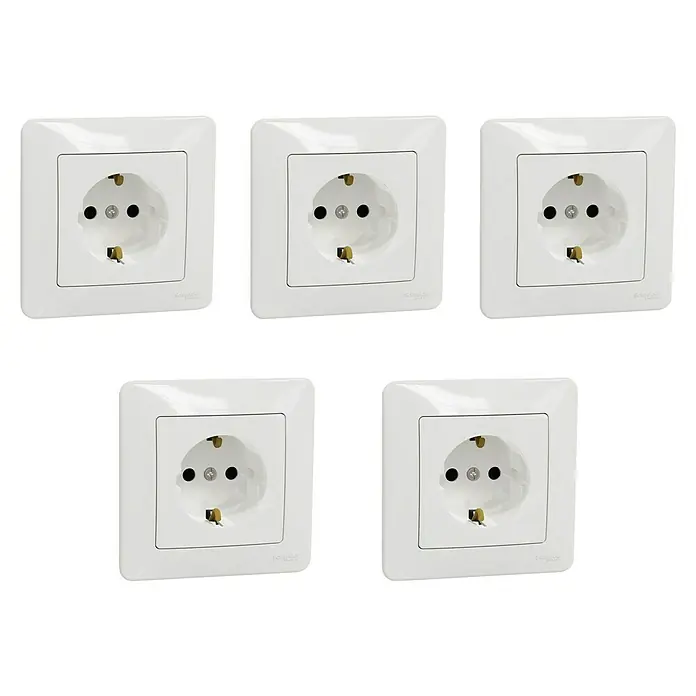 Schneider Electric Sedna Design & Elements Enchufe Pack x 5 - Blanco, Plástico, Montaje en superficie - Cinco enchufes Schuko blancos de Schneider Electric, de forma cuadrada para el suministro de energía doméstico o de oficina.
