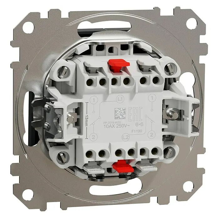 Schneider Electric Sedna Design & Elements Conmutador doble - Aluminio, Colocar, Plástico, 10 A - Detalle de un interruptor, resaltando especificaciones técnicas como 10AX 250V~ y marcas de certificación, en un marco metálico robusto.