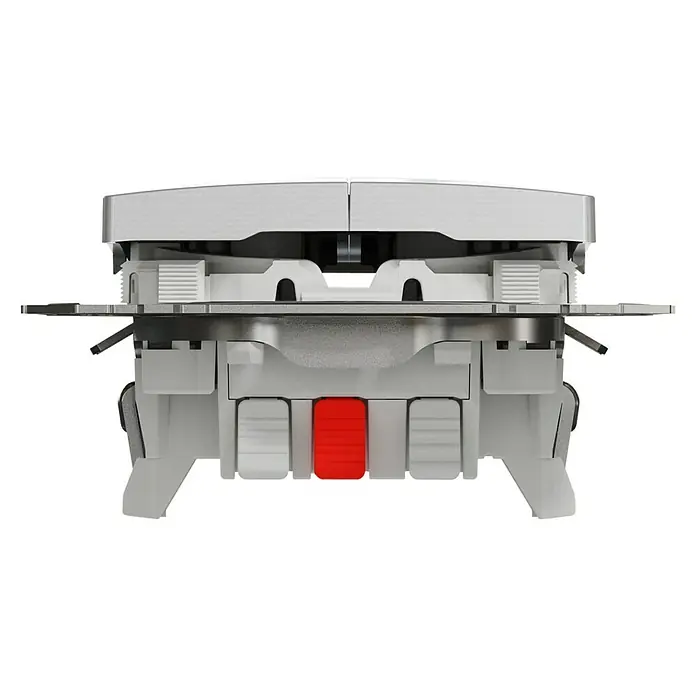 Schneider Electric Sedna Design & Elements Conmutador doble - Aluminio, Colocar, Plástico, 10 A - Primer plano de un interruptor de luz en tonos grises y rojos, que muestra un diseño moderno e ingeniería precisa.