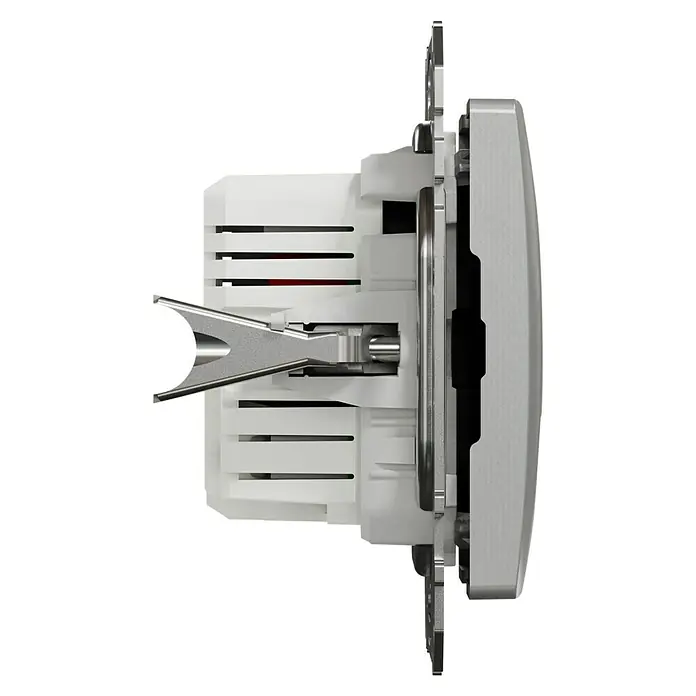 Schneider Electric Sedna Design & Elements Toma USB 2 X A - Aluminio, x 2, Plástico, Colocar - Vista lateral de un interruptor con marco blanco y elementos metálicos, diseñado para su instalación en pared.