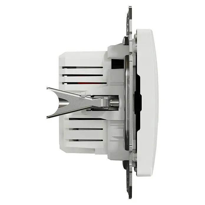 Schneider Electric Sedna Design & Elements Toma USB 2 X A - Blanco, x 2, Plástico, Colocar - Vista lateral de un interruptor de luz empotrado blanco con elementos metálicos, diseño moderno.