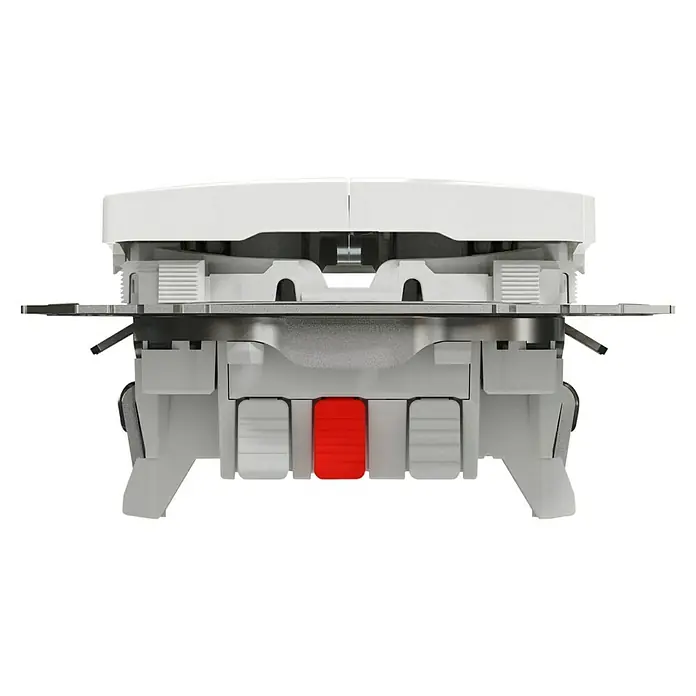 Schneider Electric Sedna Design & Elements Conmutador doble - Blanco, Colocar, Plástico, 10 A - Primer plano de un interruptor ABB blanco con un botón rojo, que muestra un diseño moderno y funcional para la domótica.