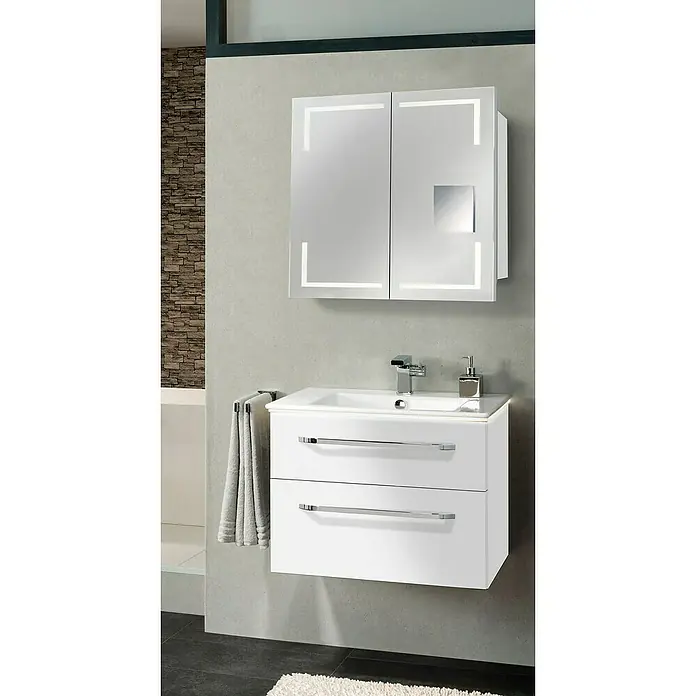 Camargue Star Waschtischunterschrank - 70 x 49 x 53 cm, Weiß, Mit Beleuchtung - Modernes Badezimmer-Waschbecken mit Spiegelschrank und LED-Beleuchtung für stilvolle Badezimmerausstattung.