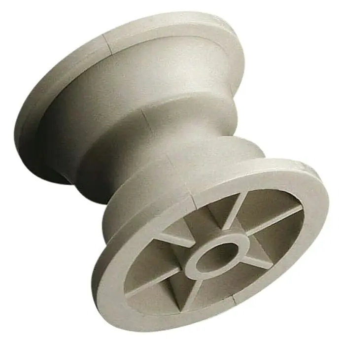 Polea de cable - Nylon, Diámetro: 54 mm - Primer plano de una polea de plástico gris utilizada para cuerdas o materiales similares, ideal para un movimiento suave.