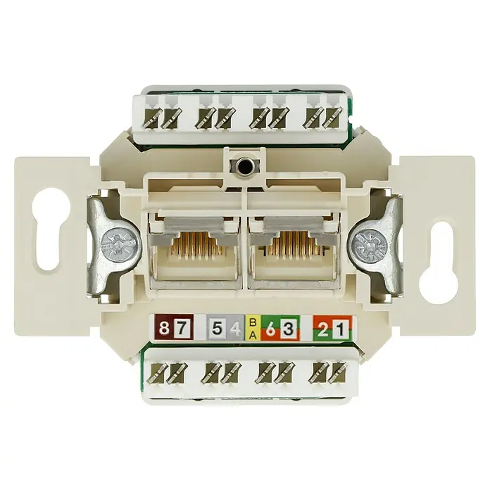 Voltomat MIKRO UAE-Dosen-Einsatz RJ 45 - Unterputzmontage - Nahaufnahme einer Doppelt-RJ45-Netzwerkdose, die für eine zuverlässige Kabelverbindung und Datenübertragung sorgt. Ideal für Büro- oder Heimnetzwerke.