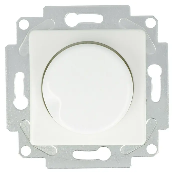 Voltomat MIKRO Dimmer Konventionell - Alpinweiß, Kunststoff - Nahaufnahme eines weißen Dimmers mit quadratischer Blende und Metalleinfassung, der die Funktionalität und das schlichte Design hervorhebt.